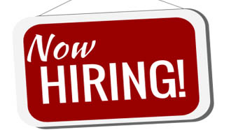 Now Hiring! white lettering on red background